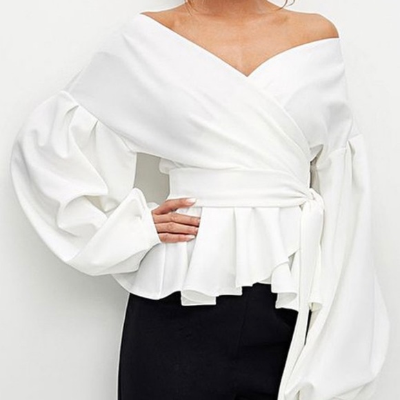 Tops - White Bishop-Sleeve Off-Shoulder Wrap Top